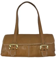 Franco Sarto Y2K Double Handle Tan Pebble Leather Buckle & Whip Stitching Detail