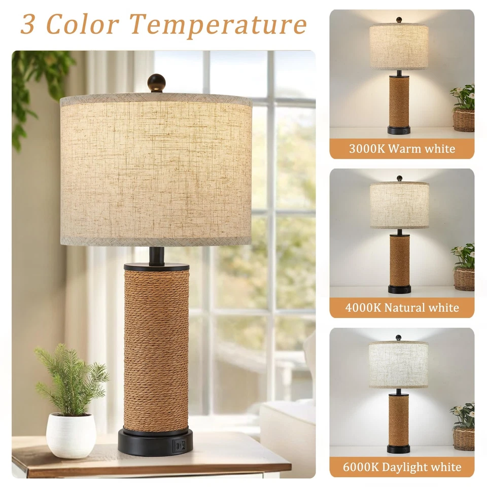 Juego de 2 Lámparas de Mesa de Ratán para Salón con Puertos USB C+A, Multicolor T... Foto 4 de 4