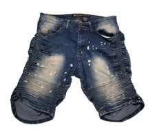 Roca Wear Biker Jean Shorts Men's Size 34 Distressed Blue W/ White Paint Drops
