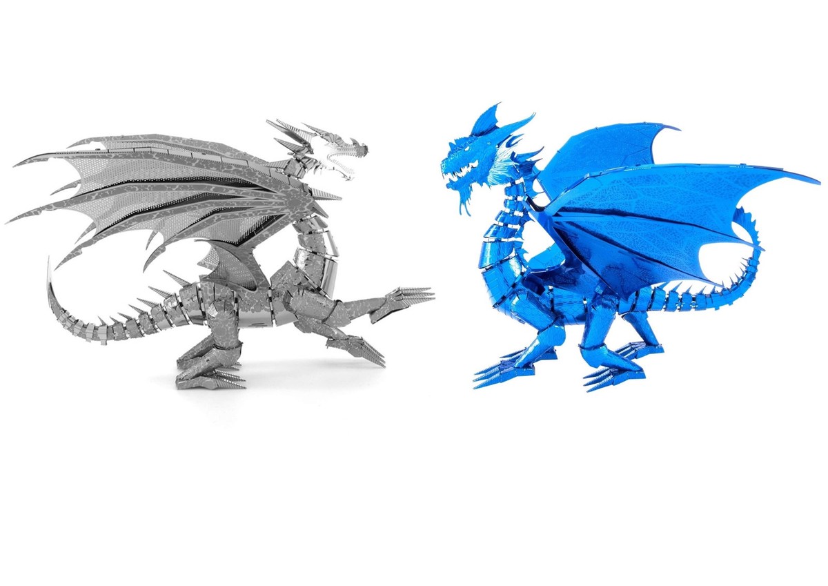 Set of 2 Fascinations ICONX Silver & Blue DRAGON 3D Steel Metal