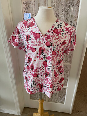 Just Be Scrub Top Womens Sz XL Shirt Short Sleeve V-Neck  2 Pockets Tie Back