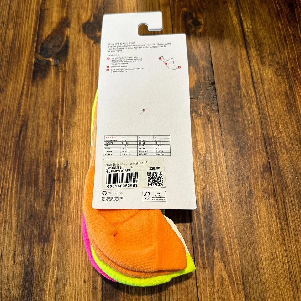 Lululemon Power Stride No Show 袜子 3 件装 Active Grip 霓虹粉色橙色 L 码 — 第 4/4 张图片