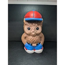 Owl Cookie Jar Blue Baseball Cap & Jeans, 12.5" Height, Farmhouse Kitchen Decor