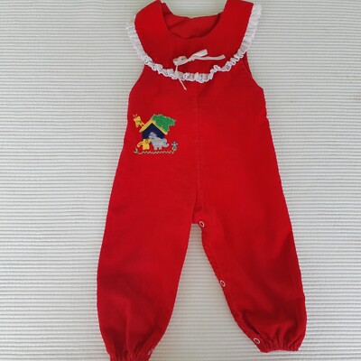 Baby Noah's Ark Overalls Jumper Pants Red Corduroy 9M ? Vintage Snap Legs Bow 