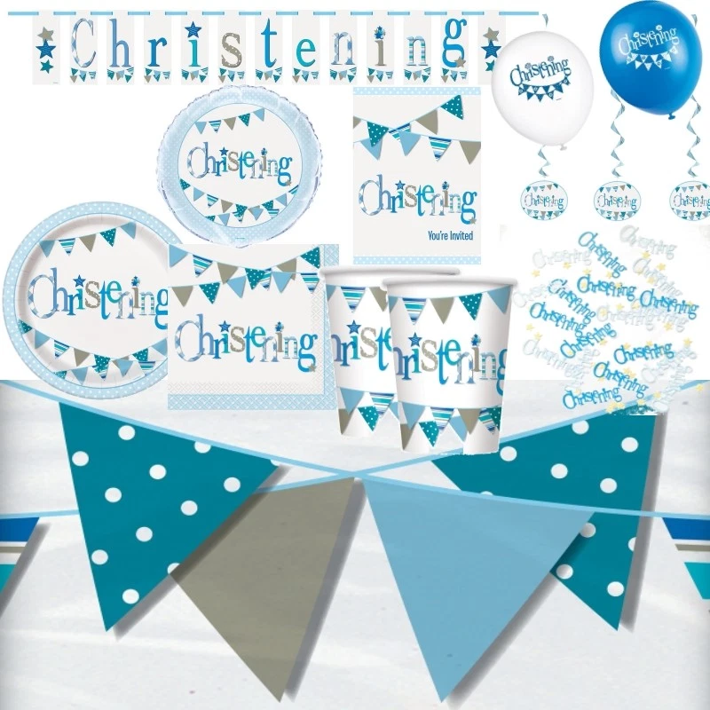 UNIQUE PARTY Boys Blue Christening Party Supplies Tableware Decorations Balloons Banners