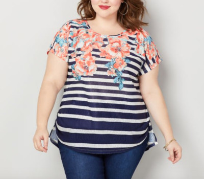 AVENUE WOMEN'S WHITE BLUE SHORT SLEEVE FLORAL BORDER STRIPE TEE PLUS Sz 18/20
