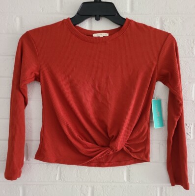 Copper Key pullover Rust orange  Ribbed Long Sleeve Twist Front Crop Top Medium 