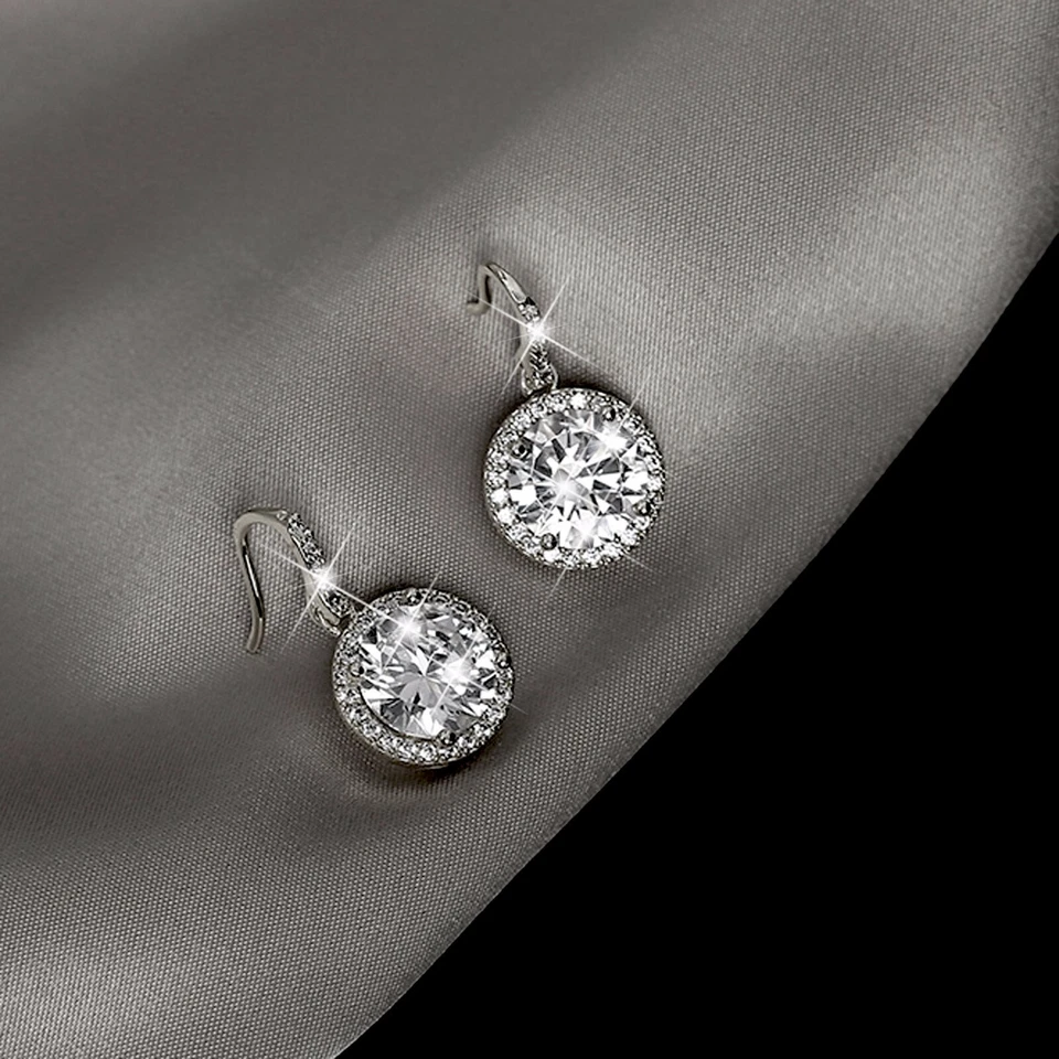 18k white gold made with SWAROVSKI crystal stud round drop dangle hook earrings - image 4 of 4