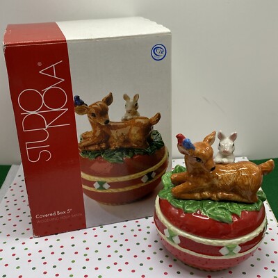 NIB-Vintage Studio Nova 5'' Covered Ceramic Box-Woodland Holly Santa-Deer/Bunny