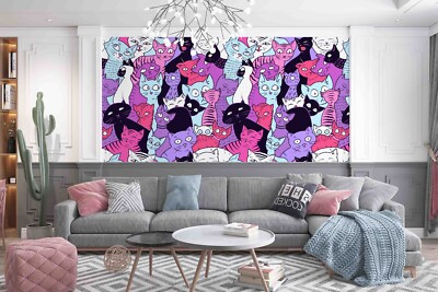 3D Cartoon Purple Pink Cat Wallpaper Wall Murals Removable Wallpaper 72