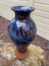 Jon Mehr Oak Run California Stoneware Clay Vase Partially Blue Glazed 8 Inch
