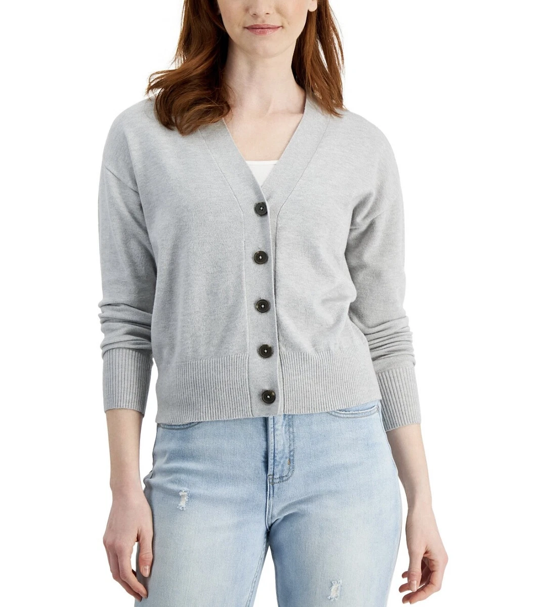 Style Co. Women s V Neck Cropped Button Cardigan Light Grey Heather Size L