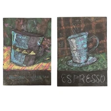 Set of 2 Coffee Themed 3D Textured Wall Plaques Java Espresso Wile Chalkboard