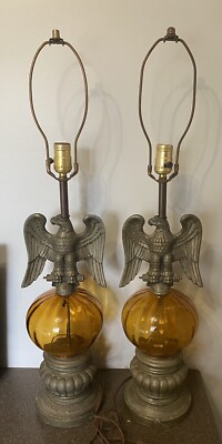 PAIR -Vintage Metal Eagle Amber Glass Lamp HUGE Tested Working