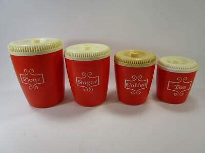 Vintage Kitchen Canister Set of 4 Red & White Mid Century Retro Plastic