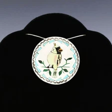 NATIVE AMERICAN ZUNI INLAY YELLOW CARDINAL PENDANT BY QUINTIN QUAM