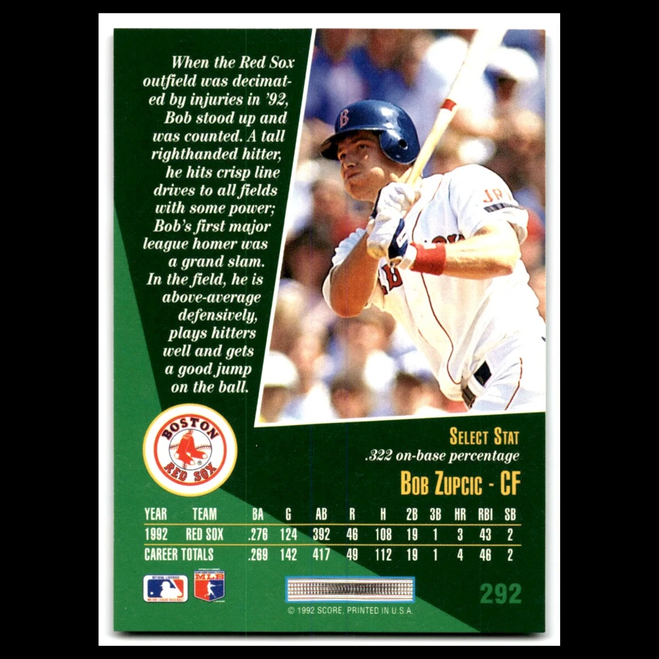 Bob Zupcic Rookie #292 1993 Select Boston Red Sox Baseball Card MLB NM - Image 2 of 3