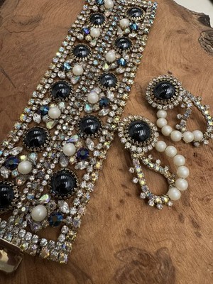 Vintage Hobe Bracelet Earrings Set Wide AB Rhinestone Black Cabochon Pearl