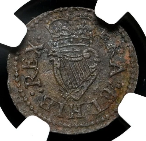 King James I 1616-1626 AD IRELAND ENGLAND 1/4p Farthing Bible Coin S-6522 NGC AU