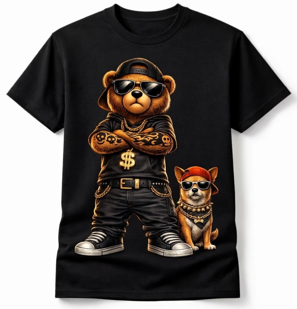 Bear Dog Graphic T Shirt Hip Hop Gangster Streetwear Cartoon Tee Unisex