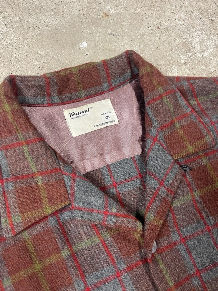 Camisa xadrez vintage anos 50 e 60 gola redonda flanela borgonha XL mistura de lã EUA - Imagem 2 de 4