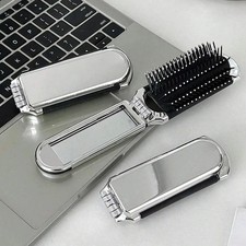 Folding Hair Brush With Mirror Travel Handbag Pocket Size Portable Handy Compact