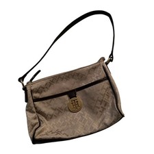Tommy Hilfiger Beige Monogram Shoulder Bag Brown Trim Gold Logo Medallion Purse