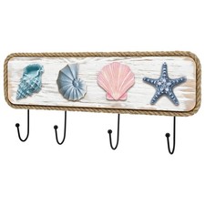 Coastal Beach Towel Hooks Nautical Coat Rack Wooden Seashell Wall Hooks with ...