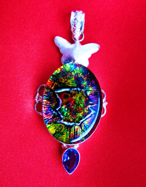 BEAUTIFUL DICHROIC GLASS SMALL AMETHYST STONE 925 SILVER PENDANT - 76mm BEAUTIFUL DICHROIC GLASS SMALL AMETHYST STONE 925 SILVER PENDANT - 76mm