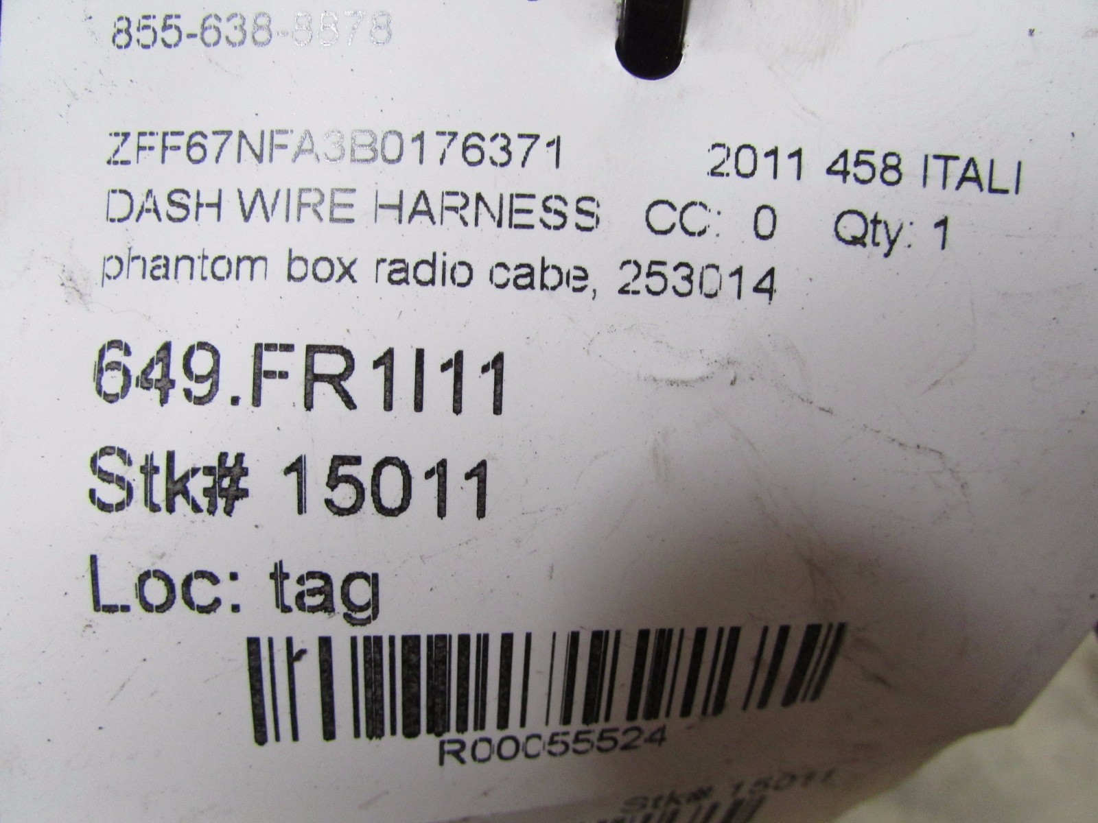 Ferrari 458 Italia, Phantom Box Radio Cable Wire Harness, Used, P/N 253014