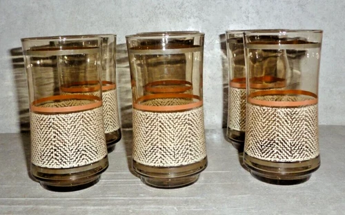 Rare Libbey Glasses Vintage 1970s Brown With Striped Accent 5 1/4 “ Set 6 #####