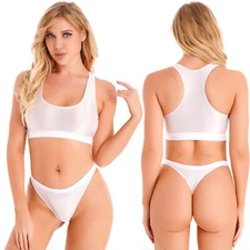 Woman's Glossy Sports Bra Crop Top Low Rise Briefs Yoga Workout Fitness Outfits