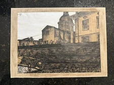 1954 Social Realism Ink Drawing Fishing Cityscape Signed