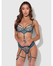 Teddy Bodysuit Teal Nylon Spandex Mesh Lace Nova Lace Teddy wGarters Jade Blue