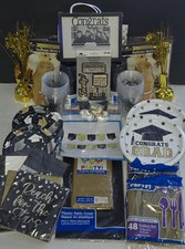 NEW Black  Gold Graduation Party Supplies  Tableware For 40 Guests   600 Pcs 