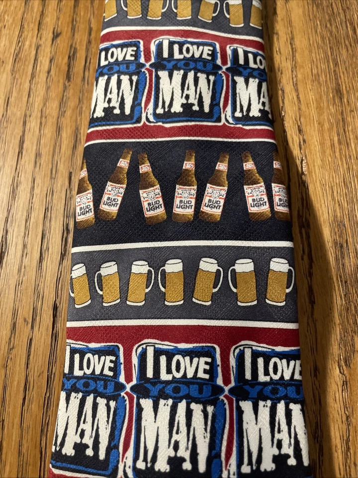 Corbata vintage usada en excelente estado años 90 Budweiser Bud Light Theme I Love You Man 1996 EE. UU. Foto 3 de 4