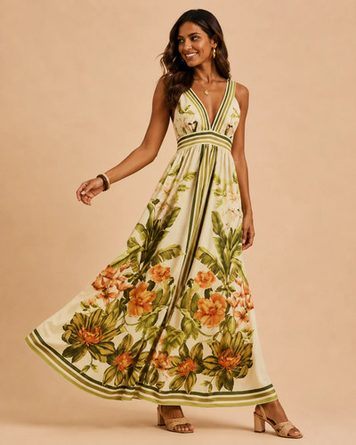 Tropical Floral Print V-Neck Maxi Dress Resort Vacation Elegance