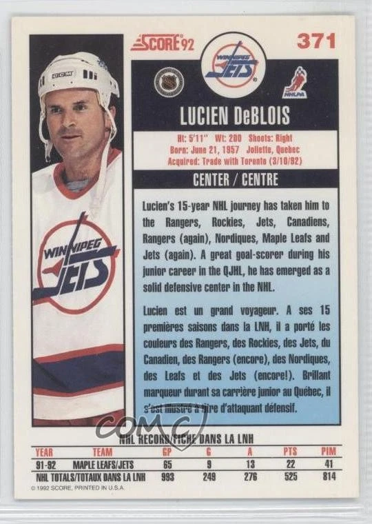 1992-93 Score Canadian Lucien DeBlois #371 - Image 2 of 2