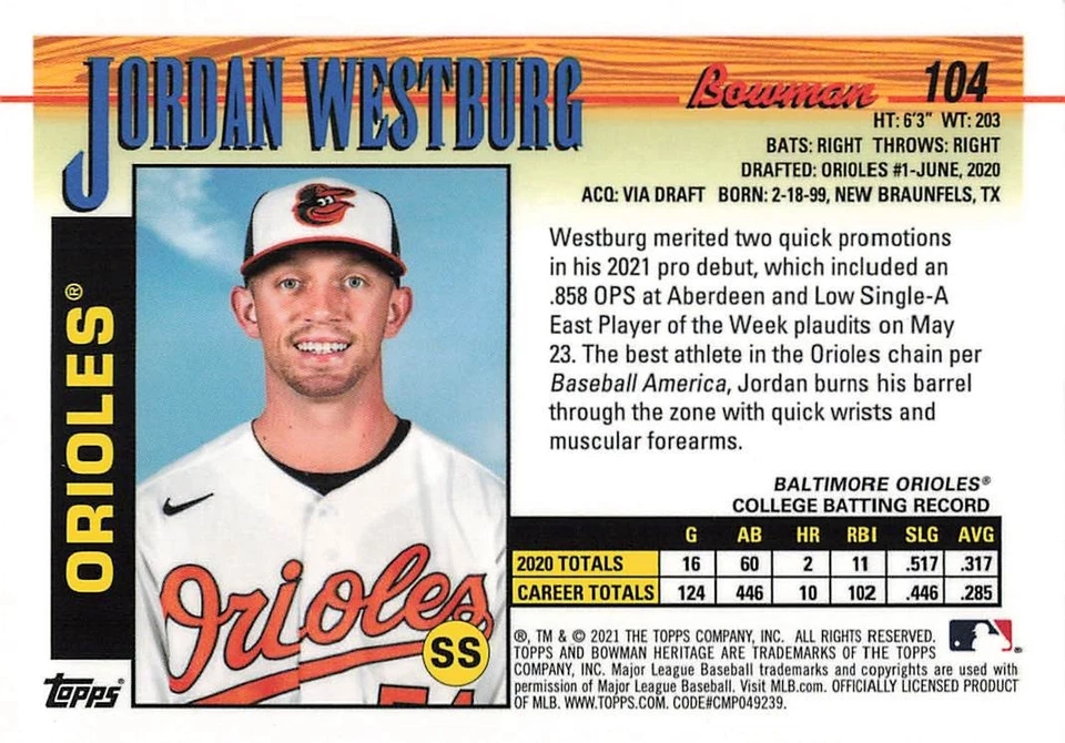 2021 Bowman Heritage Prospects Chrome Jordan Westburg Blue Refractor 47/99 - Image 2 of 2