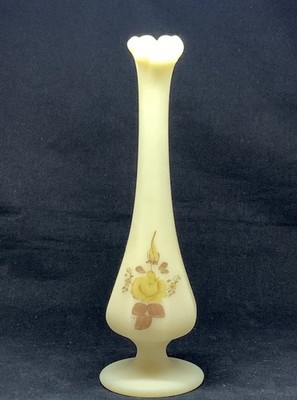 Vintage Fenton Bud Vase Chocolate Roses on Satin Painted by C. Gearhart. 8 1/2 