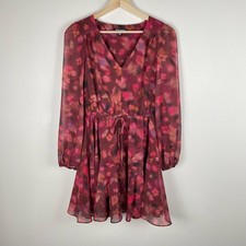 Steve Madden Kara Floral Print Dress XS Pink Multi Tie Waist V-Neck Flouncy Boho