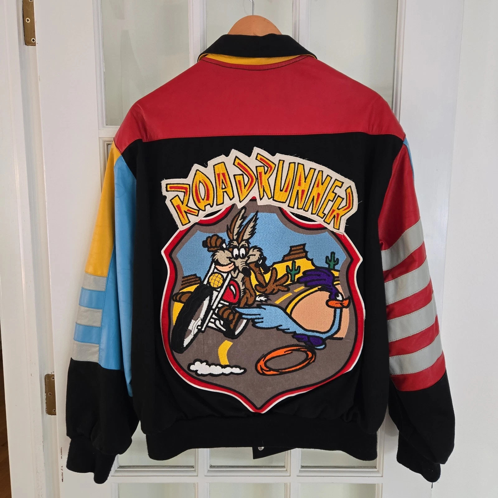 90s VTG JEFF HAMILTON Road Runner Wile E. Coyote Leather Varsity Jacket Men M image 2