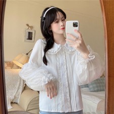 Donna Top Lolita Camicia Camicetta a Balze Manica Sbuffo Bottoni Scuola Fighetto