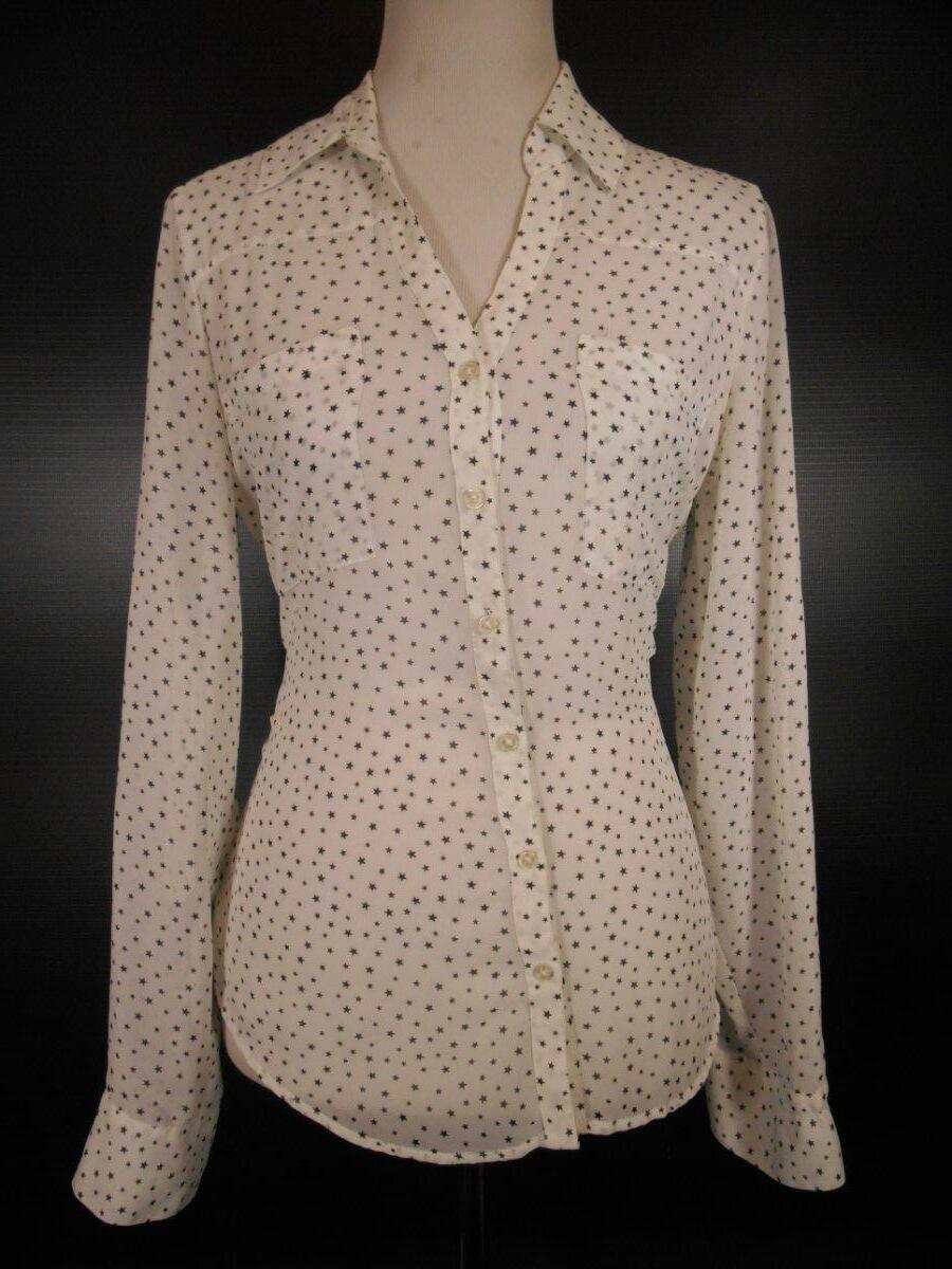 Beautiful Women's Medium Express White Black Stars Long Sleeve Button Blouse