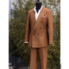 Mens Linen Suits Peak Lapel Double Breasted S...