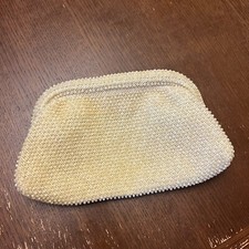 Vintage Pearl Beaded Hinged Clutch Purse Evening Bag Beige M14