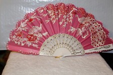 FAN SMALL HAND FAN WITH PEACOCK PEACOCKS FLOWERS FLOWER DARK PINK A2