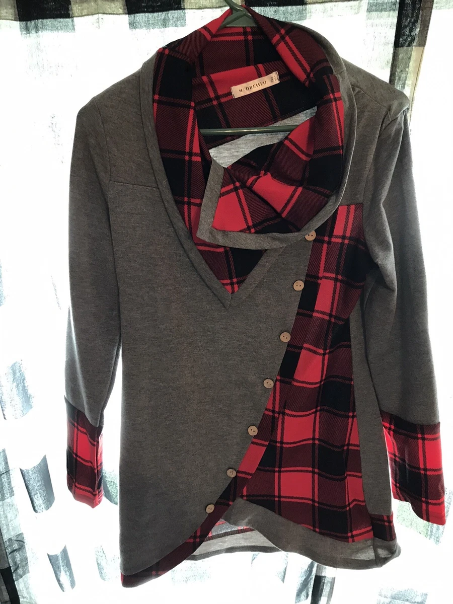 DRESSFO Size 6 Plaid Tartan Panel Cowl Neck Tulip Front T-Shirt Tunic