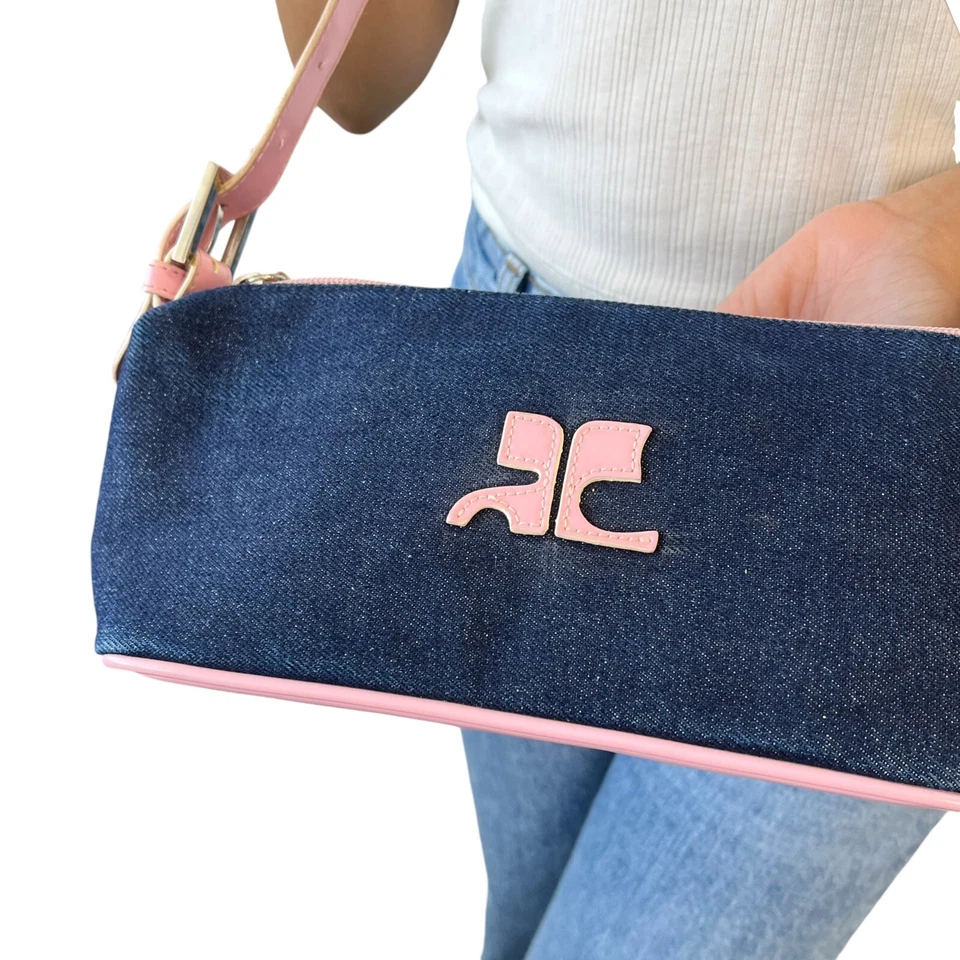 Bolso de Hombro Courreges Vintage Logo Denim Bolsa Azul Rosa Cremallera Rango AB Foto 3 de 4
