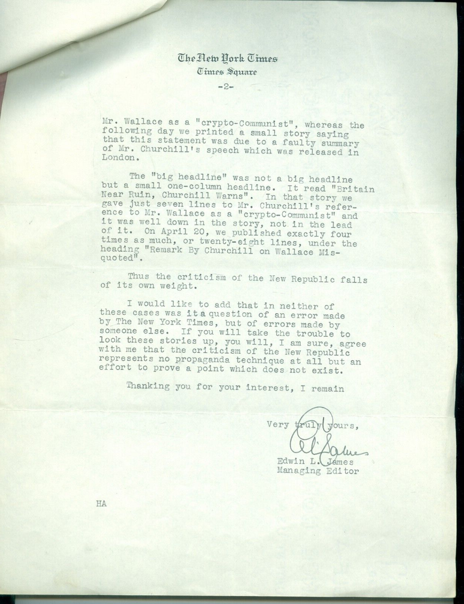 May 9 1947 SIGNED Letter New York Times Editor Edwin James, Sabotage &  Churchill